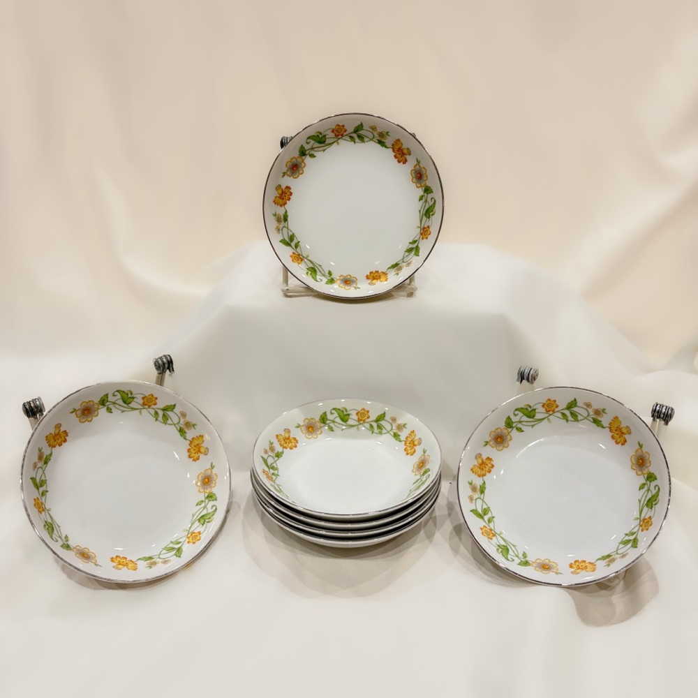 mid-century Japanese fine china with orange floral garland and platinum rim